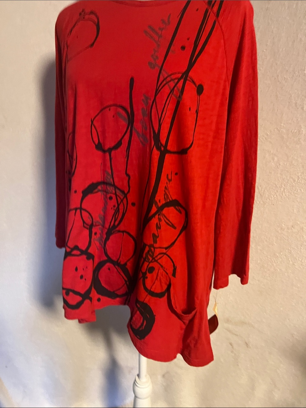 Red Long-Sleeve Graphic Tee with Black Artful Print